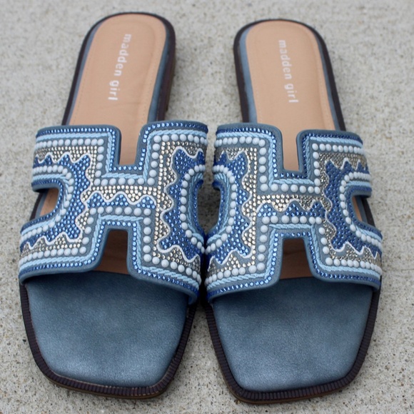 Madden Girl Blue Rhinestone Beaded Sparkle Slide Sandals Sz 9 - Picture 2 of 8
